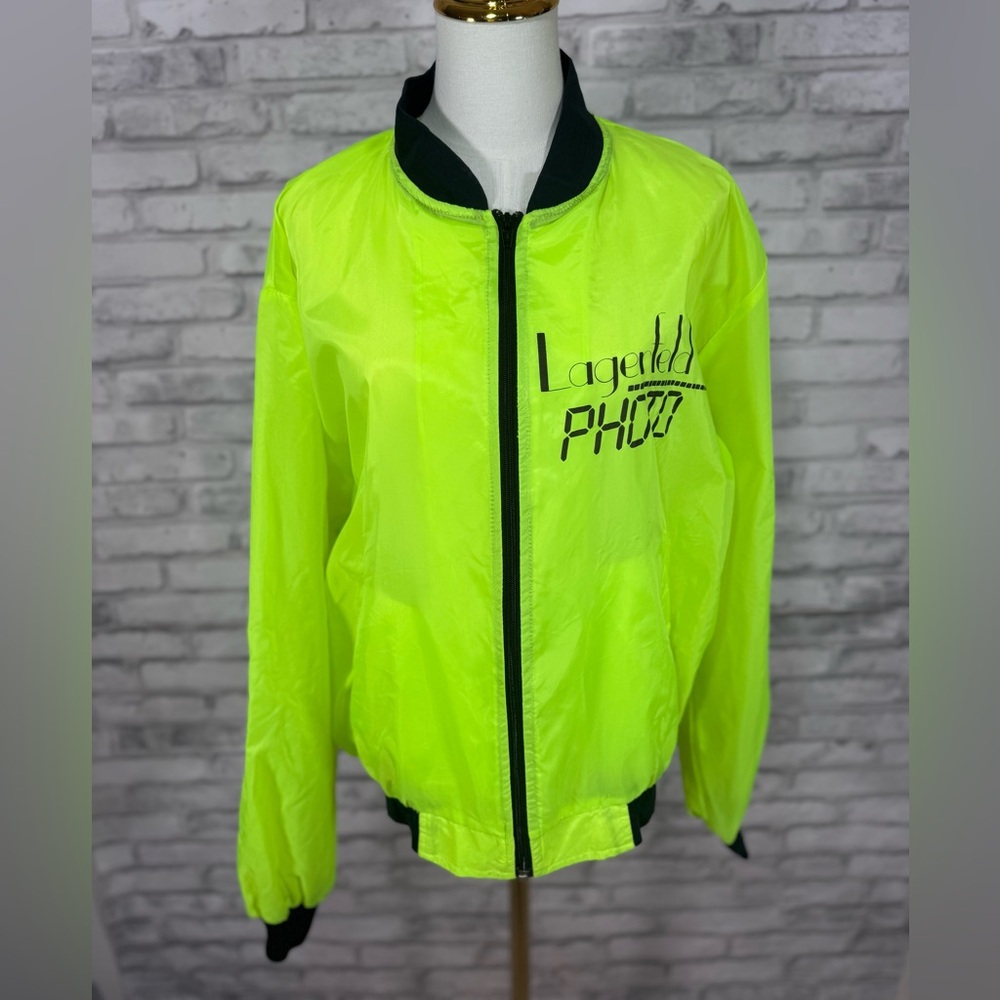 Vintage Karl Lagerfeld Neon Yellow Bomber Jacket with Black Trim
